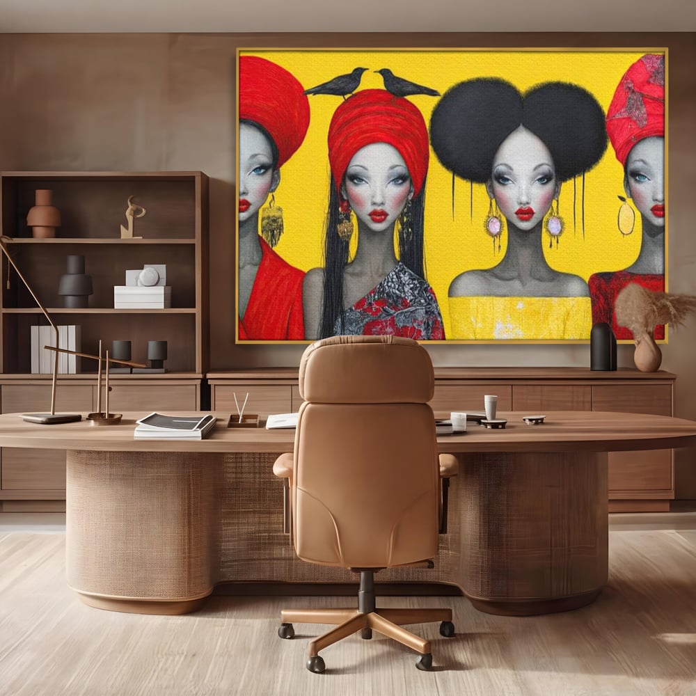 Tablou canvas cu ilustratie canvas cu patru femei stilizate, in rama de aluminiu auriu, pe perete intr-un birou